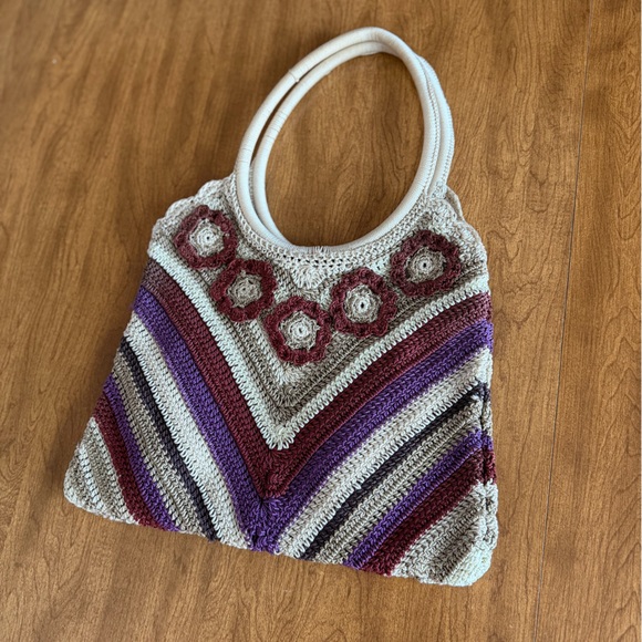 Vintage Crochet Floral Boho Shoulder Bag 70s Style Knit Purse Hippie Tote - Picture 11 of 13